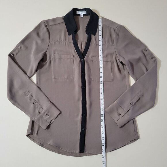 Express Portofino Taupe Button Down Blouse Black Trim - Picture 6 of 14